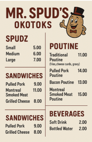 Mr. Spuds Okotoks menu with price.
